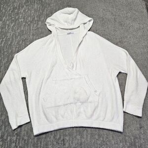 Stateside Womens Deep V Neck Ribbed French‎ Terry Hoodie Sweatshirt White Sz. L